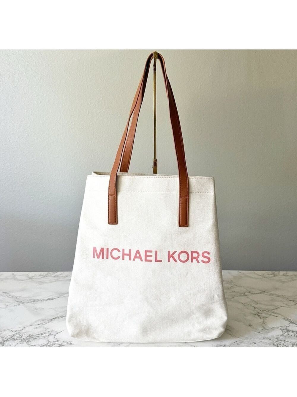 MICHAEL Michael Kors White Canvas Shoppers Tote with Brown Straps